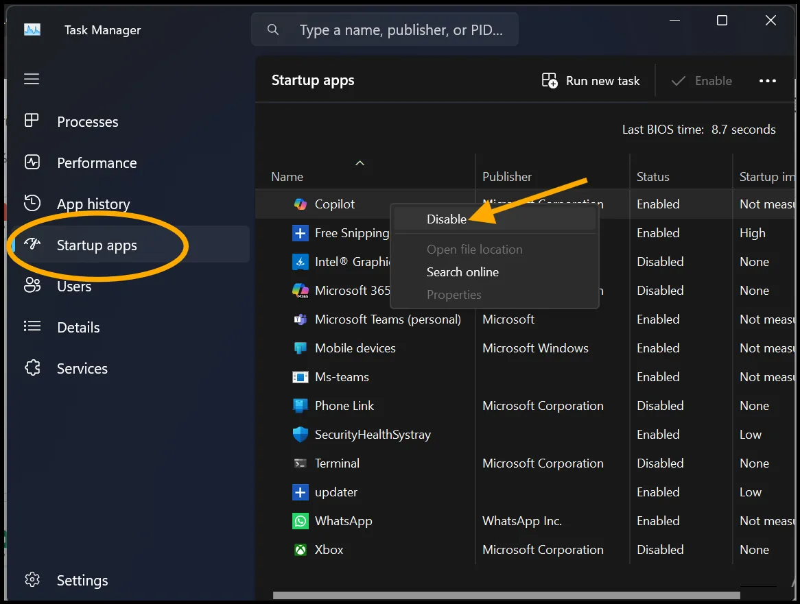 Disable unnecessary apps to speed up PC performance.